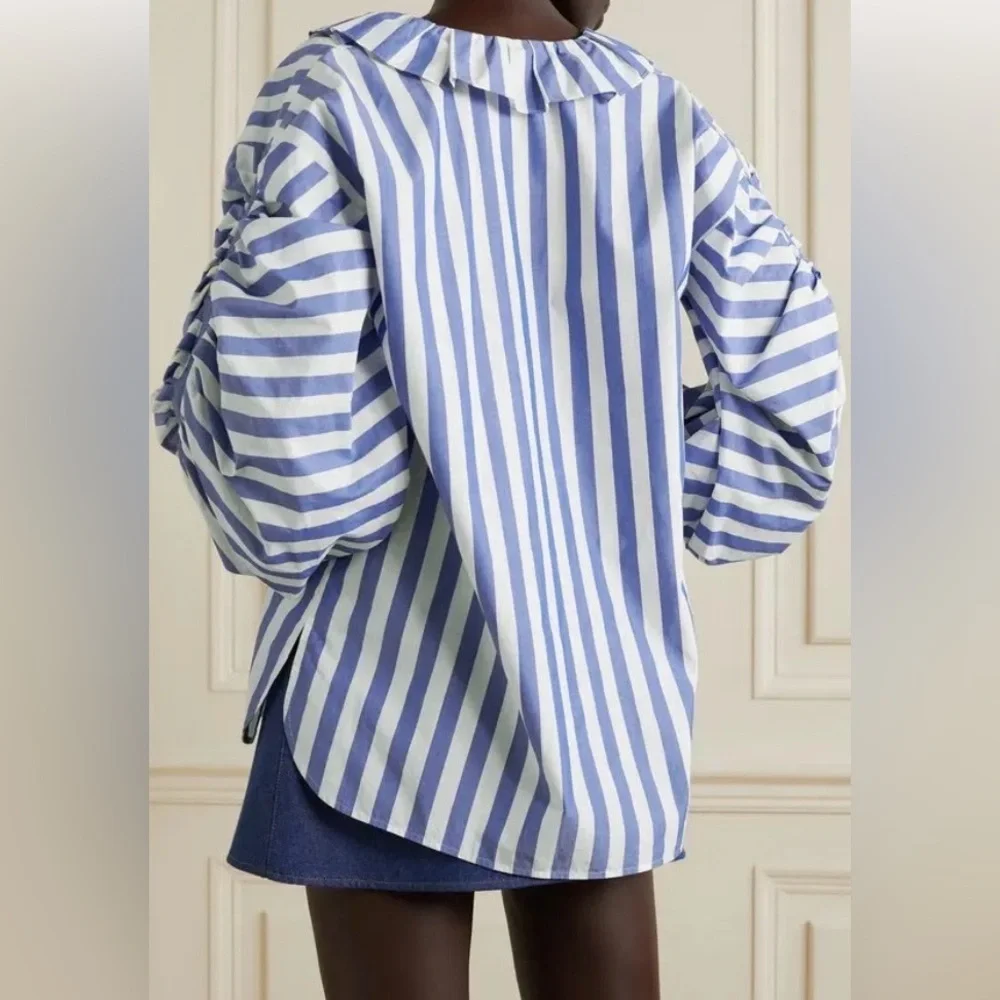Carolina Herrera New York Size 4 Ruffled Stiped Cotton-Poplin Blouse Blue White - Picture 10 of 12